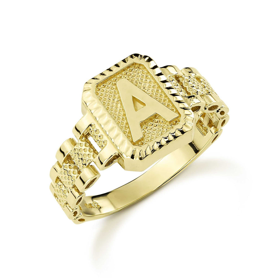 Textured 10k gold luxe rectangular signet ring highlighting the intricate rollie band.
