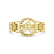 Flat-lay view of 10k gold luxe round signet ring with presidential-style rollie band.