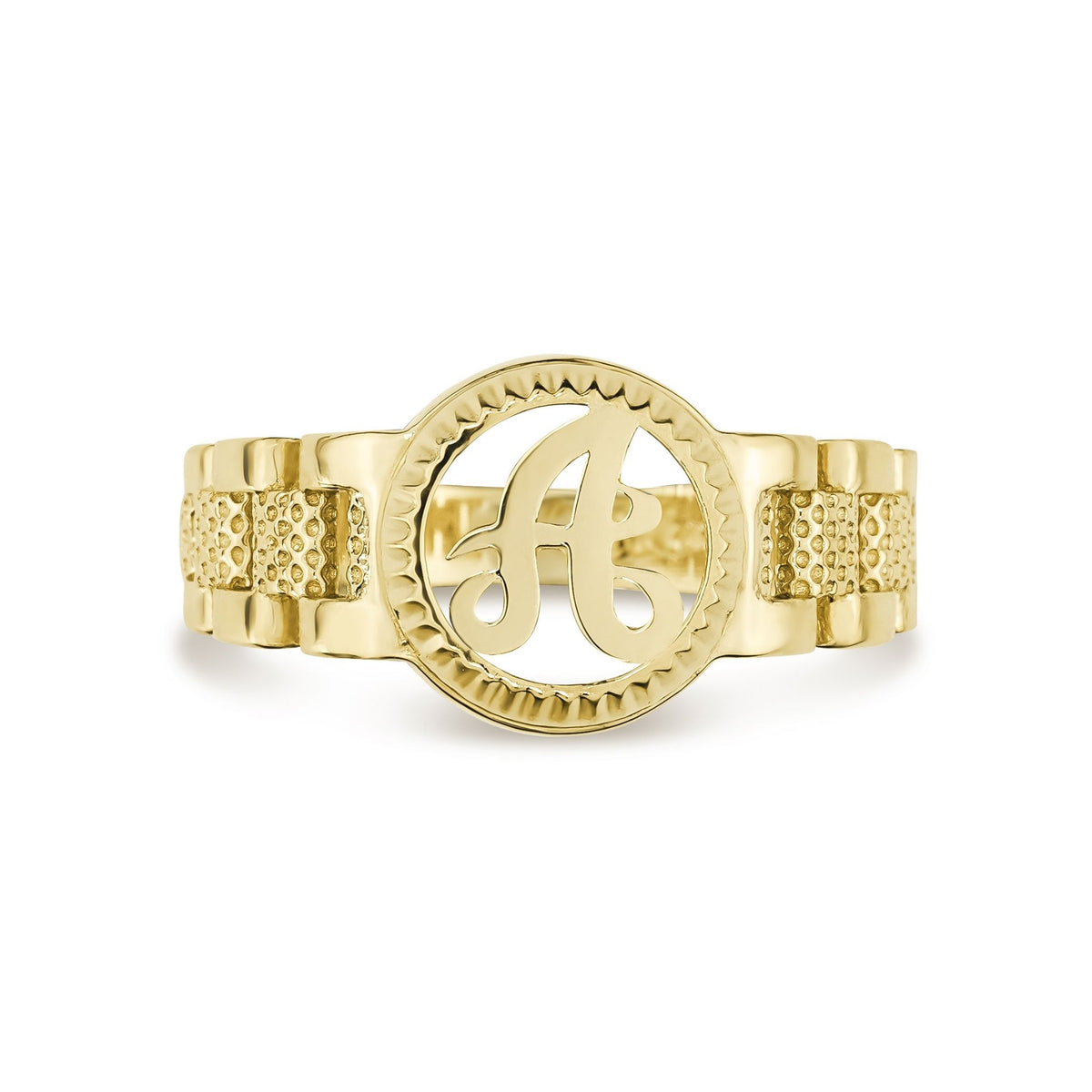 Flat-lay view of 10k gold luxe round signet ring with presidential-style rollie band.
