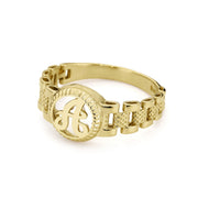 Angled side view of 10k gold round signet ring showing the textured presidential band.
