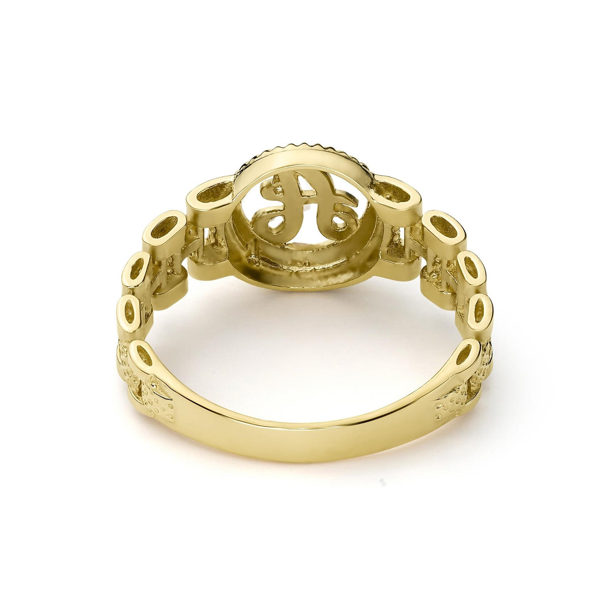 Inside view of 10k gold luxe round signet ring showing hollow back structure.