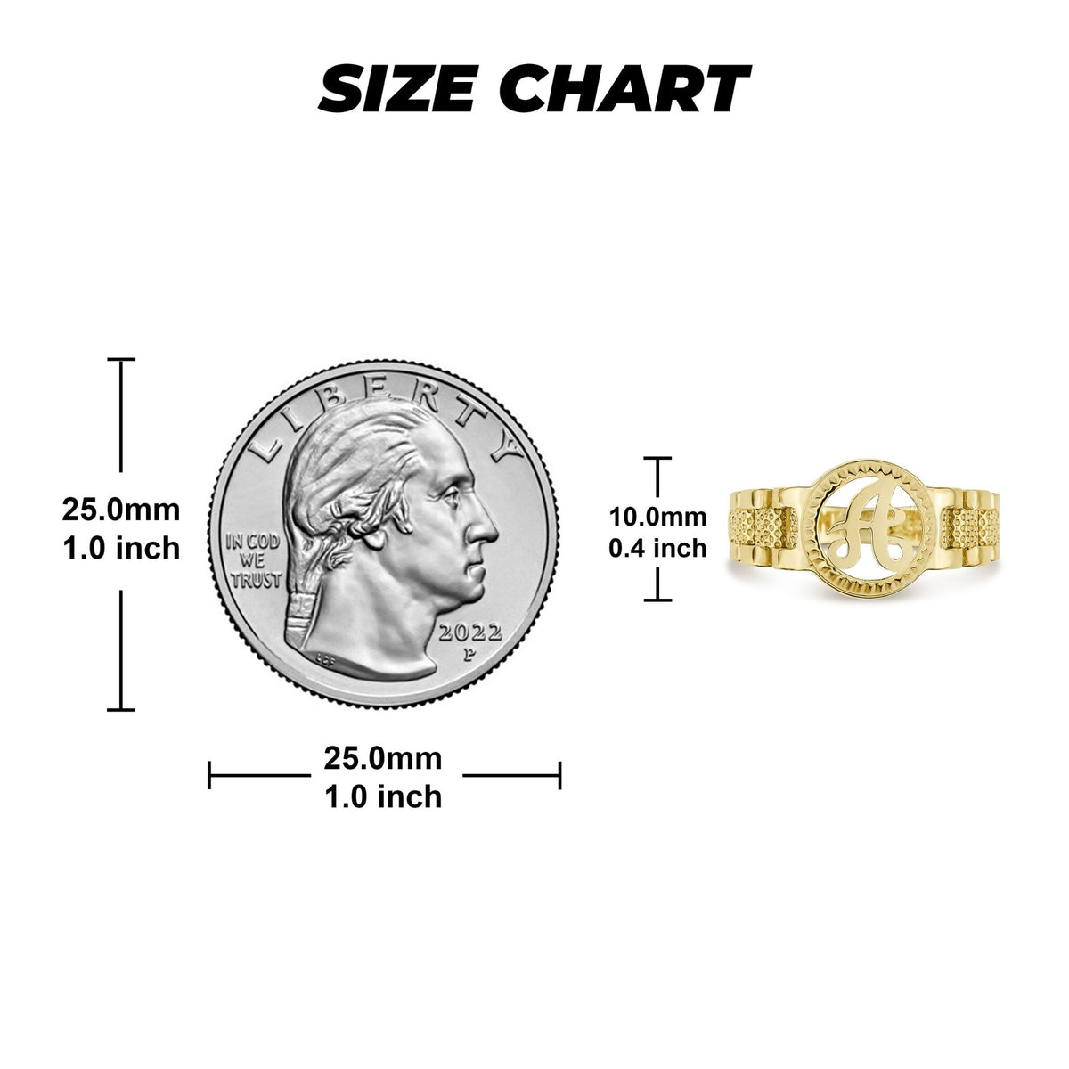 Ring size chart comparing a US quarter to a 10.0mm gold rollie band ring.
