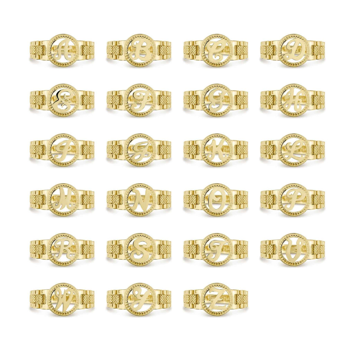 Grid display of 10k gold luxe round signet rings showing the complete script alphabet