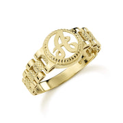 10k yellow gold round monogram ring featuring a presidential-style rollie band.