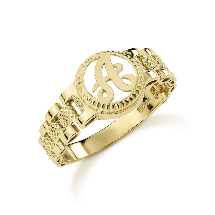 10k yellow gold round monogram ring featuring a presidential-style rollie band.