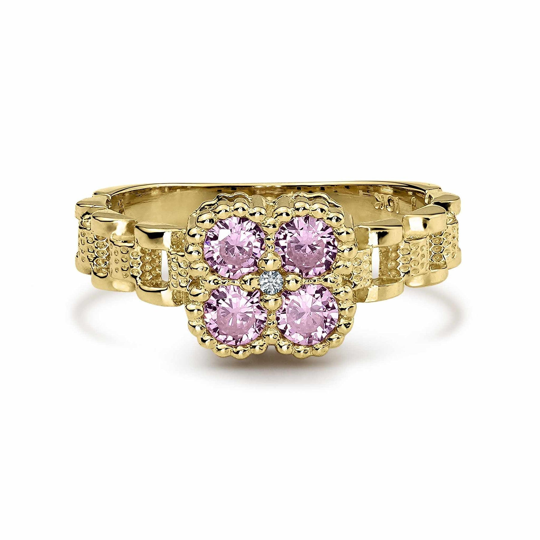 10k yellow gold link band ring with a square pink gemstone flower cluster.