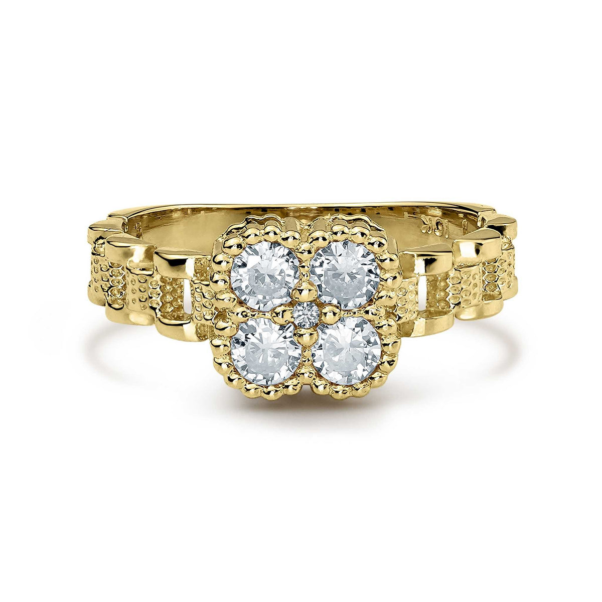 Gold clover-shaped cluster ring with cubic zirconia stones on a white background.