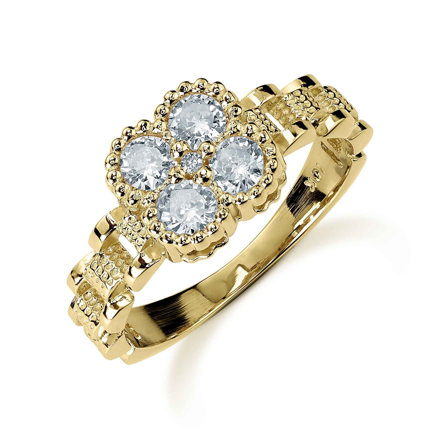 10k yellow gold link band ring with a square white gemstone flower cluster.