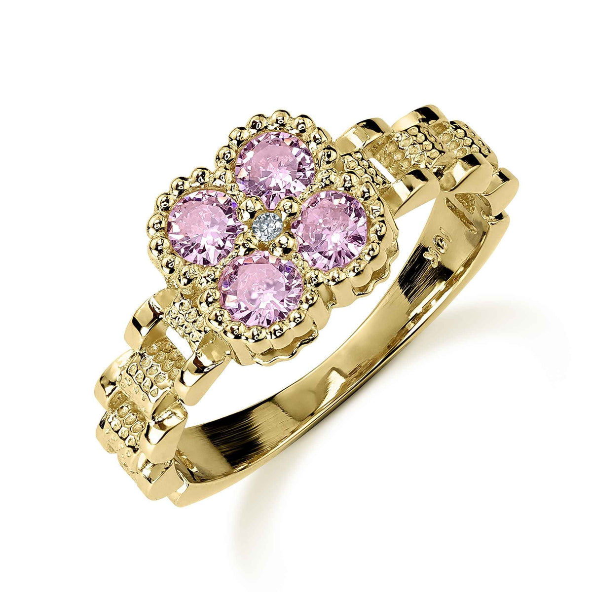 10k gold luxe square rollie band ring with round pink cubic zirconia stones.