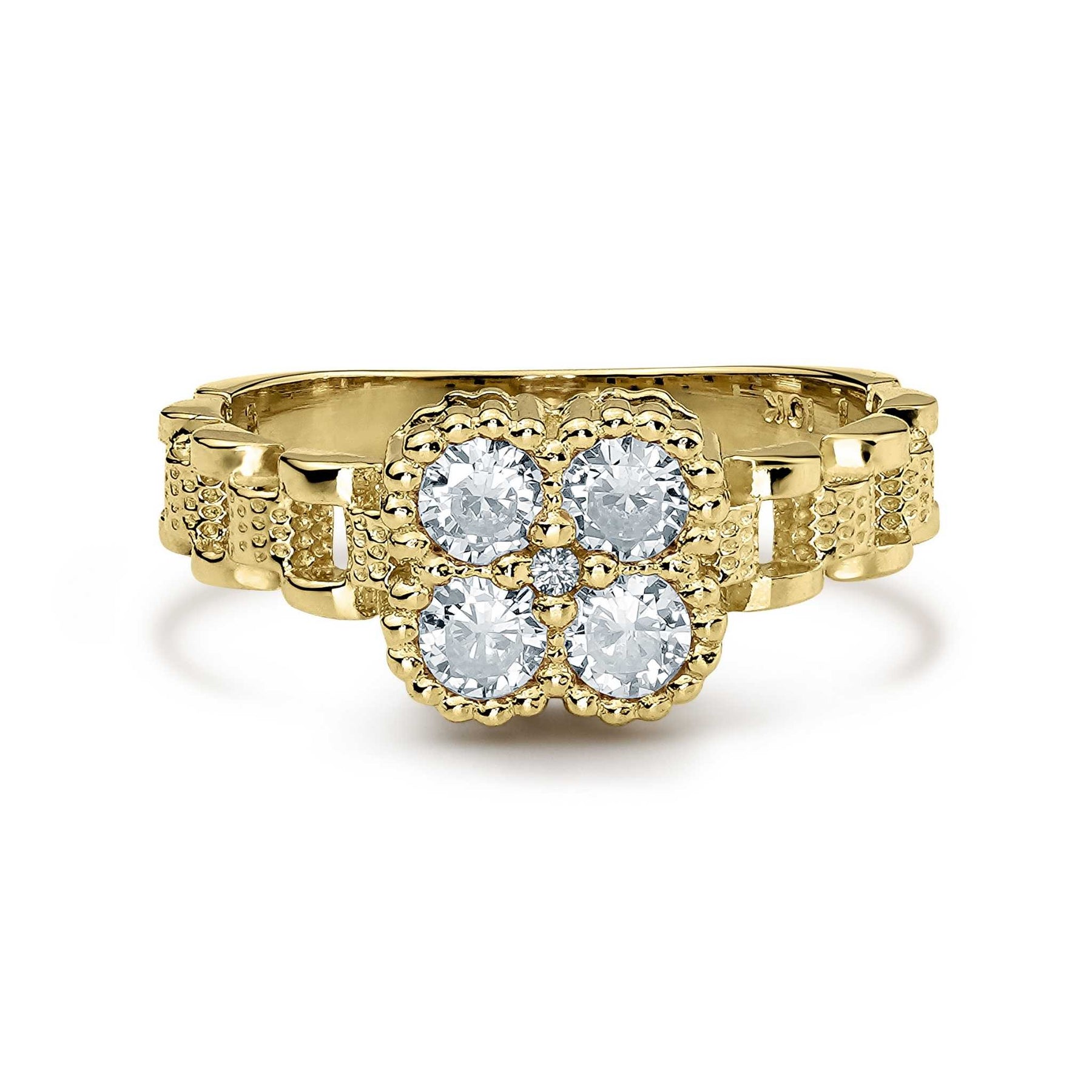 Gold Rolex-style band ring featuring a square-shaped white gemstone cluster.