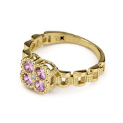 Side view of a 10k gold Rolex-style ring with pink gemstones.
