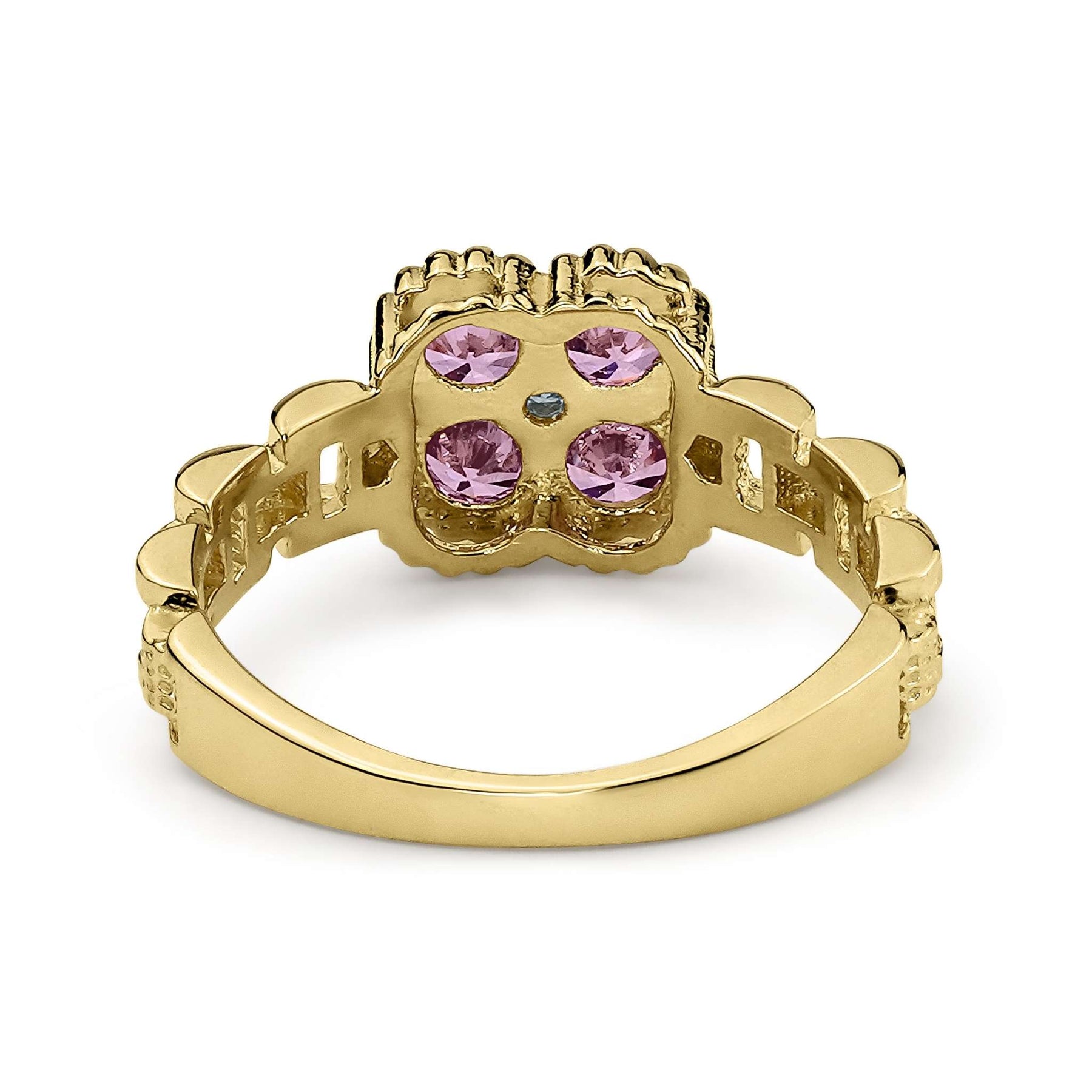 Back view of a 10k gold Rolex-style ring showing pink gemstone settings.
