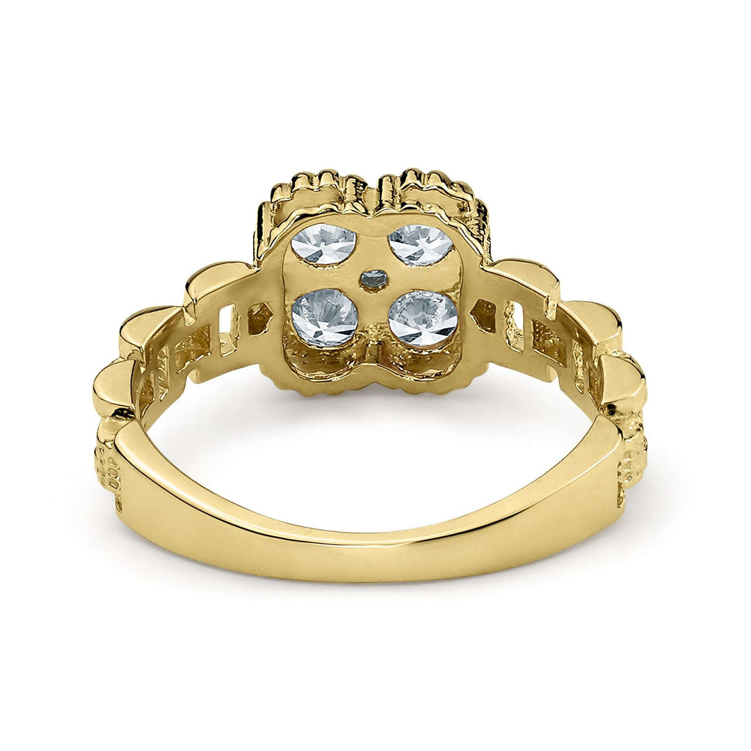 Back view of 10k gold luxe square rollie band ring with white cubic zirconia.