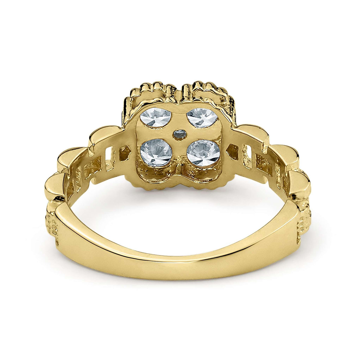 Back view of 10k gold luxe square rollie band ring with white cubic zirconia.