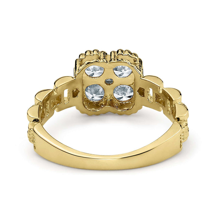 Back view of 10k gold luxe square rollie band ring with white cubic zirconia.