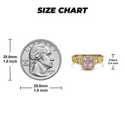 Ring size chart comparing a gold pink gemstone ring to a US quarter.