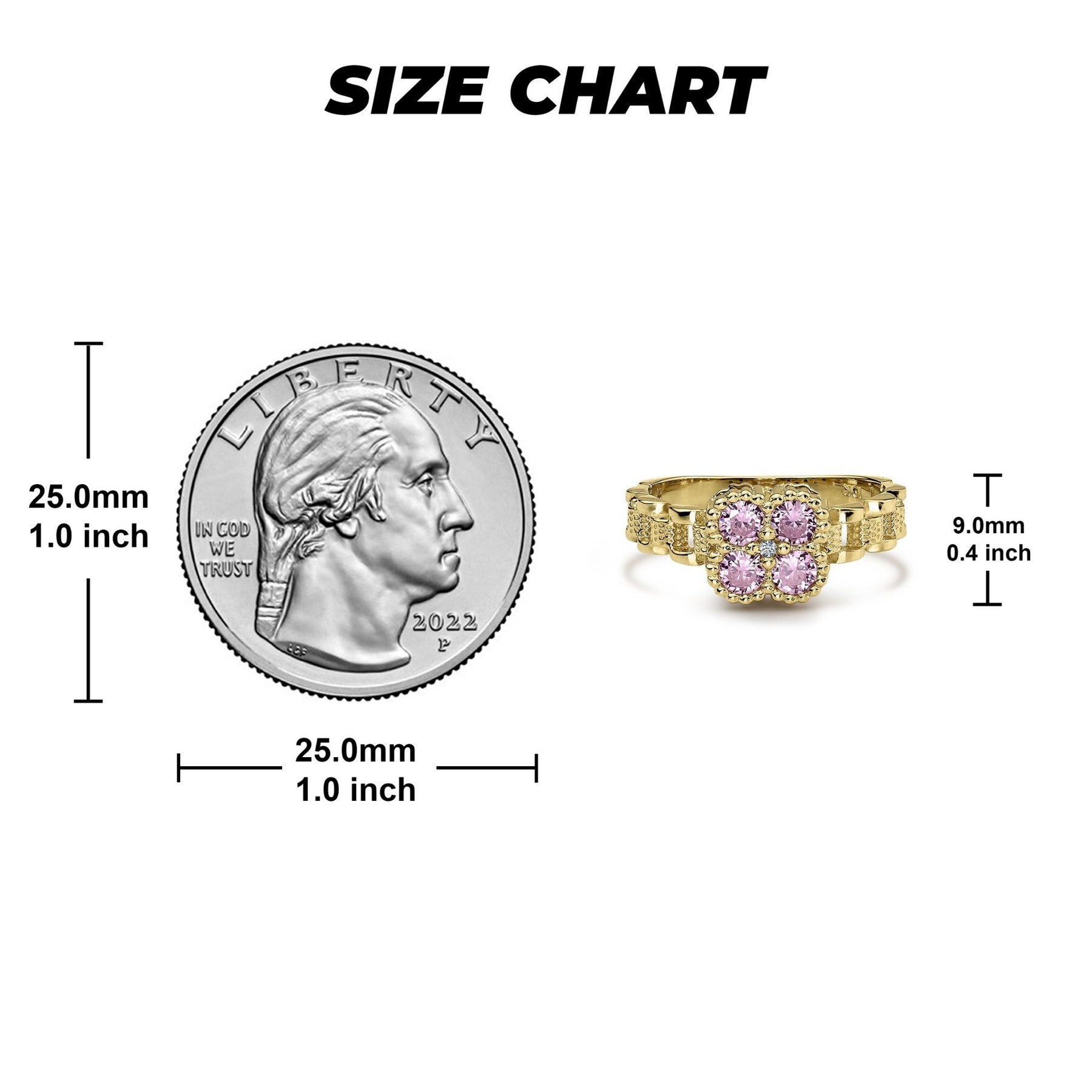 Ring size chart comparing a gold pink gemstone ring to a US quarter.