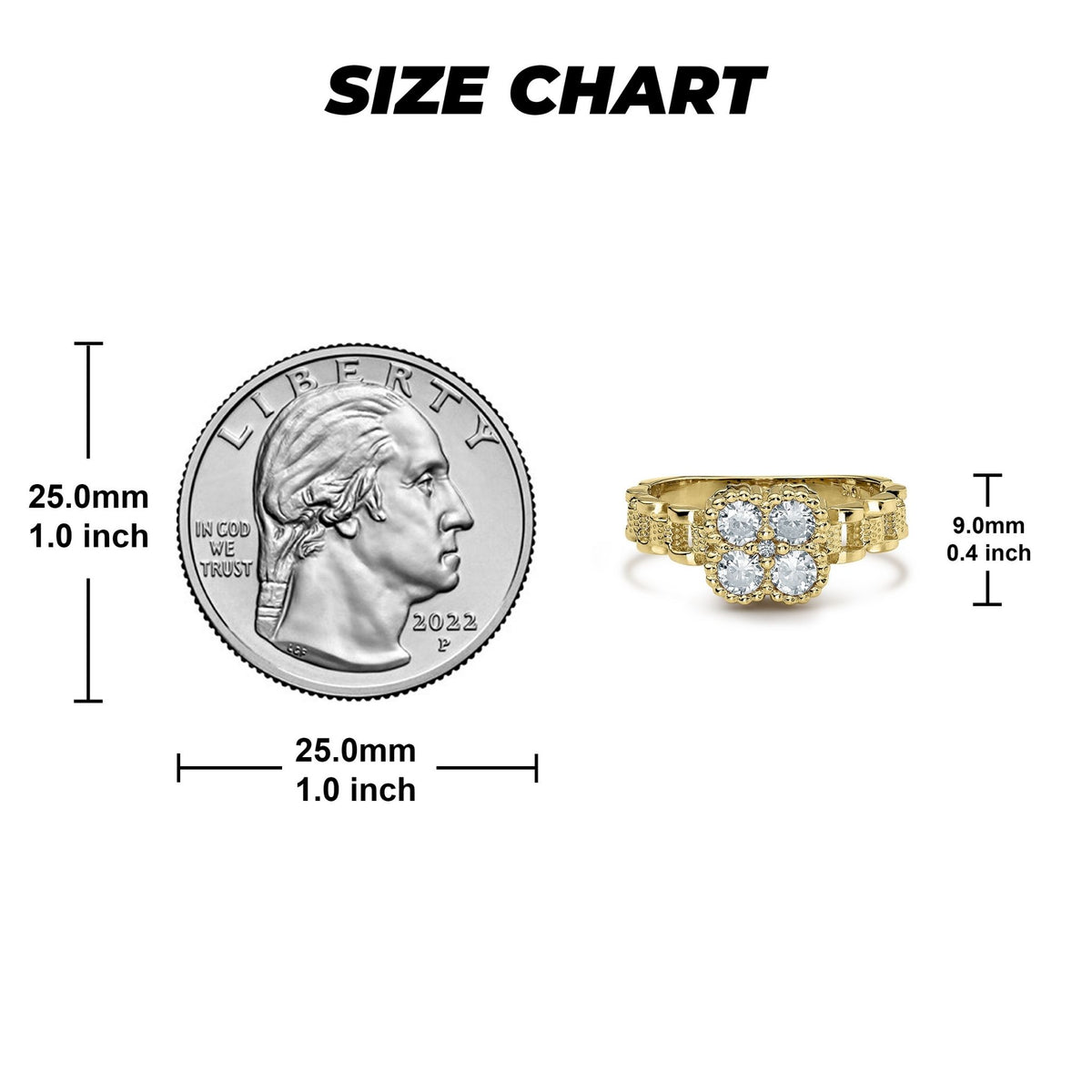 Size chart comparing a US quarter to the 10k gold luxe rollie band ring.