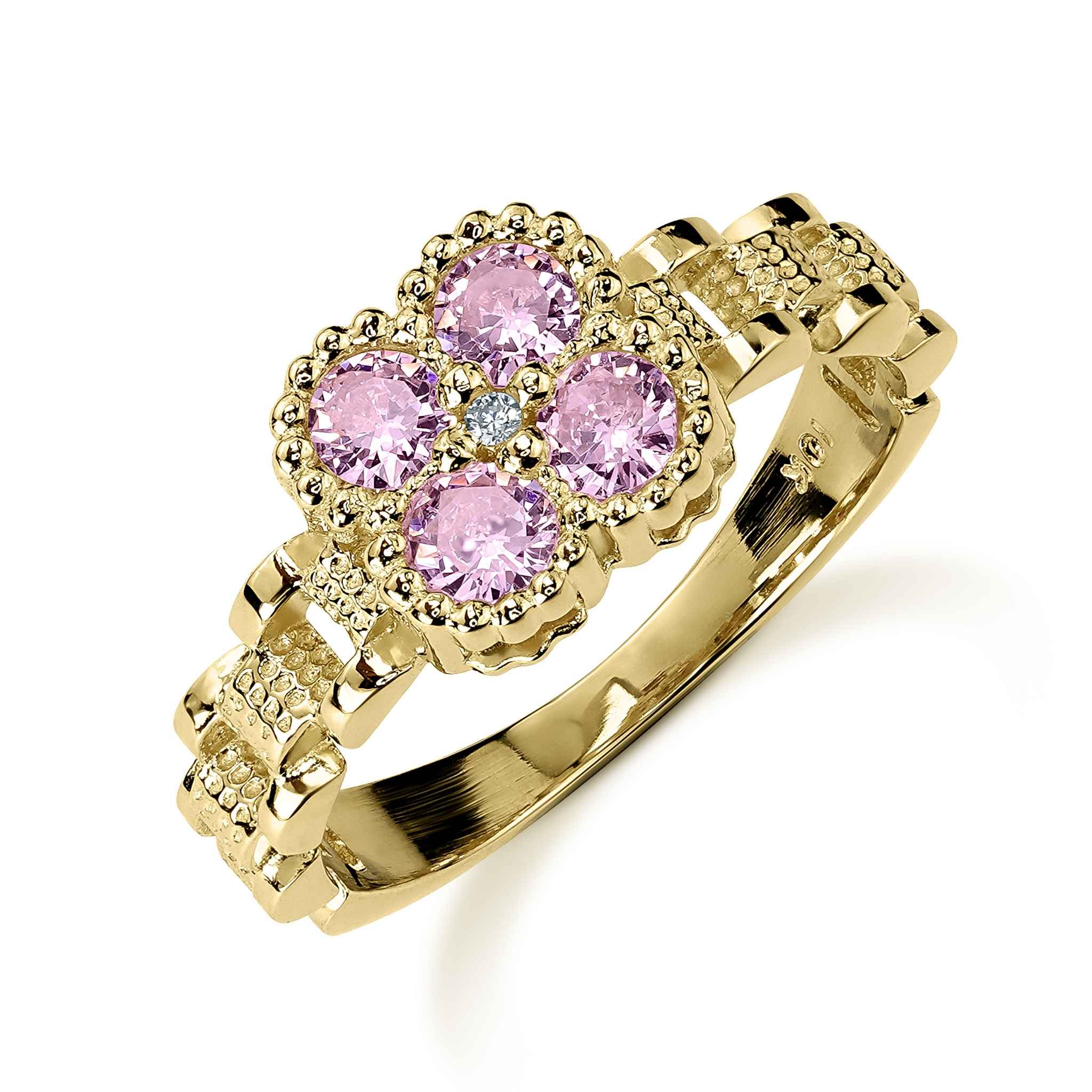 10k yellow gold Rolex-style band ring with a square pink gemstone flower cluster.