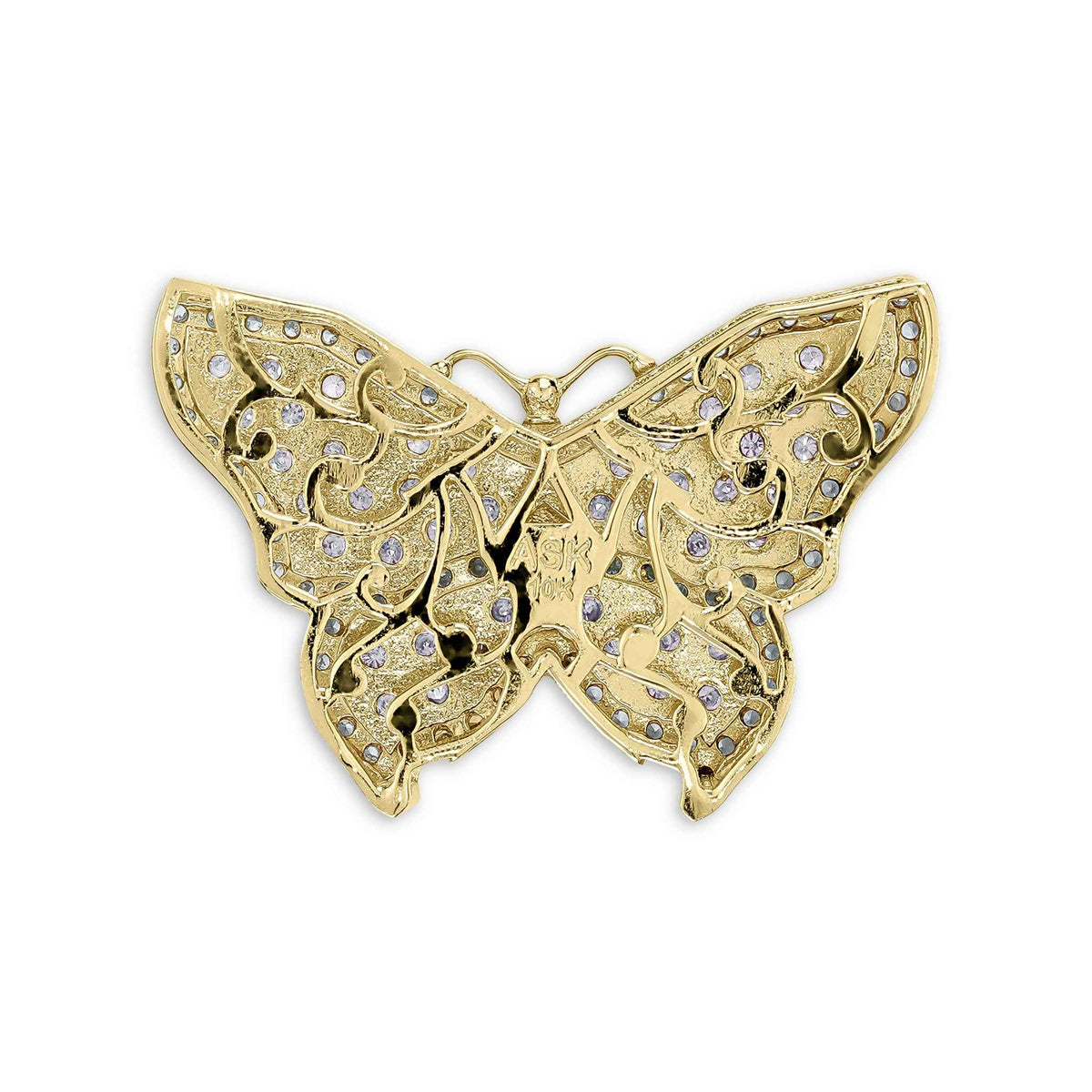 Back view of the detailed 10k gold butterfly pendant showing a polished finish.