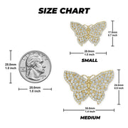 Size chart graphic displaying small and medium butterfly pendant dimensions with a coin.
