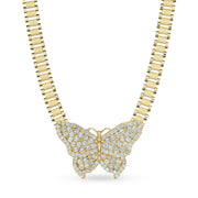 Gold butterfly pendant encrusted with clear cubic zirconia on a matching gold link chain.
