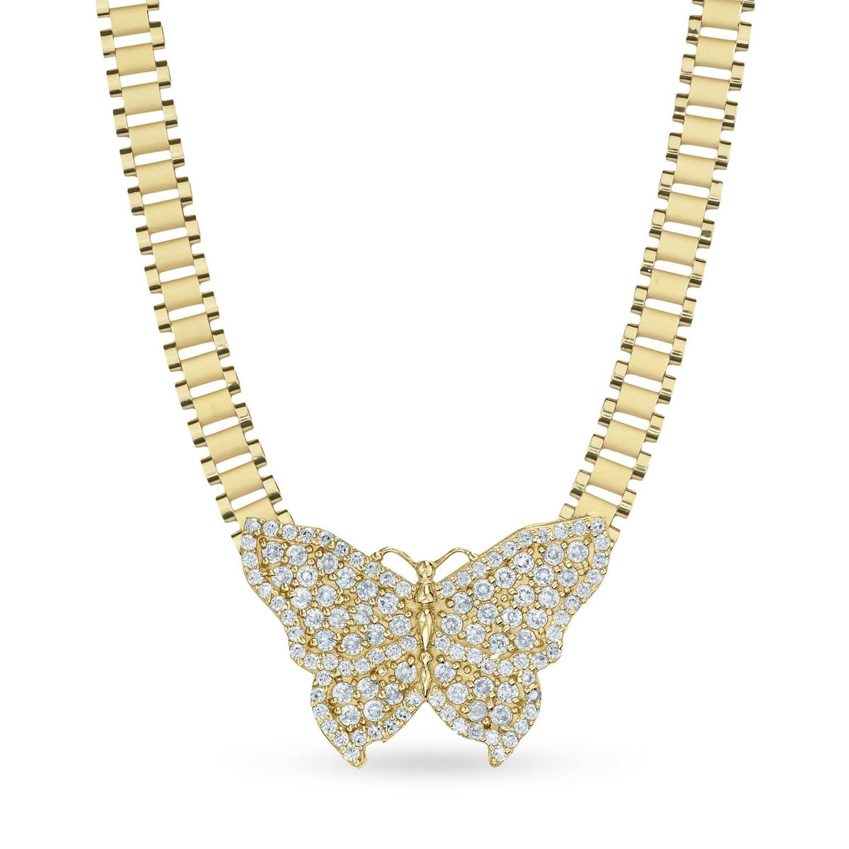 Gold butterfly pendant encrusted with clear cubic zirconia on a matching gold link chain.