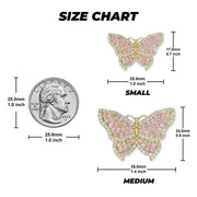 Size chart graphic displaying small and medium butterfly pendant dimensions alongside a quarter coin.