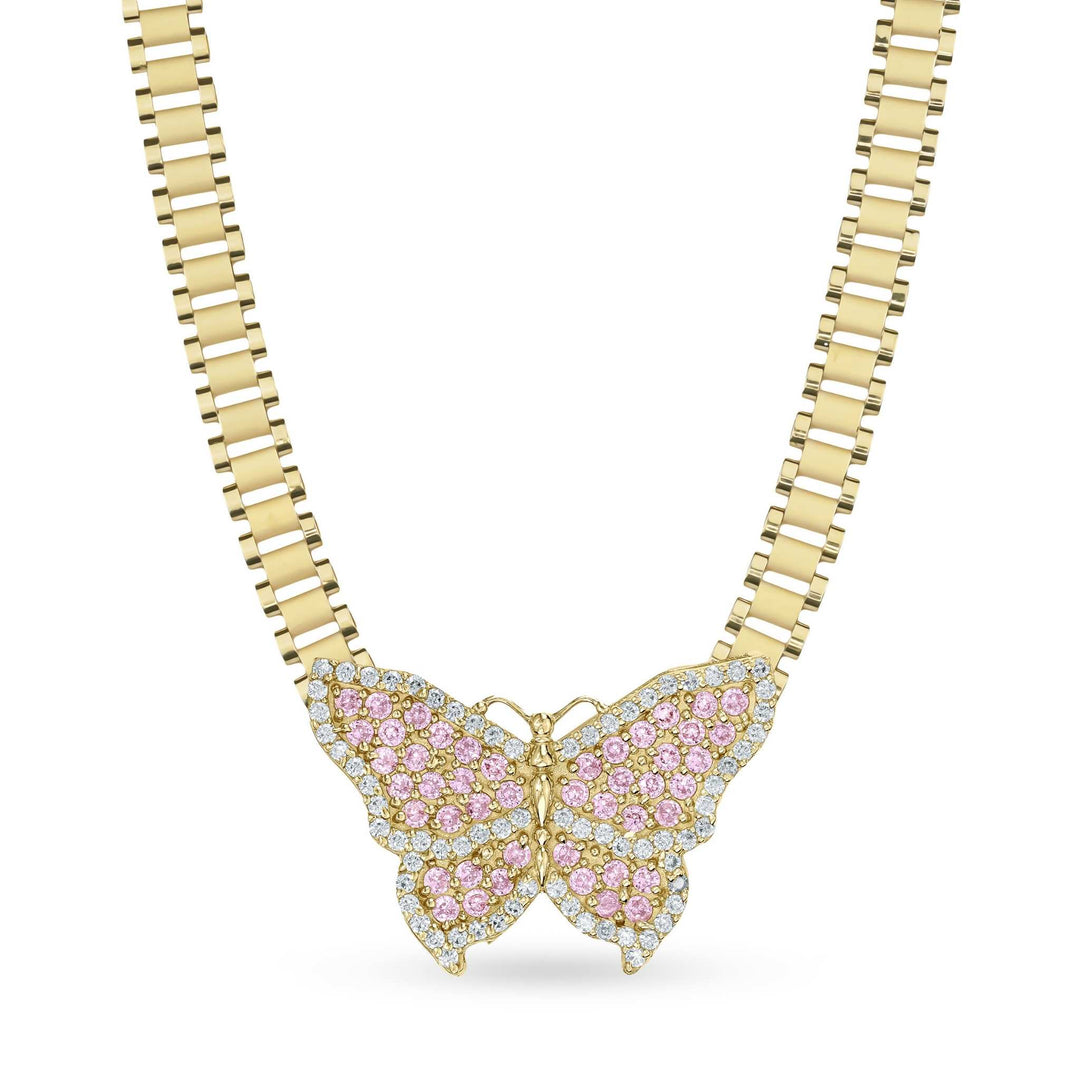 Gold butterfly pendant encrusted with pink and clear stones on a link chain.