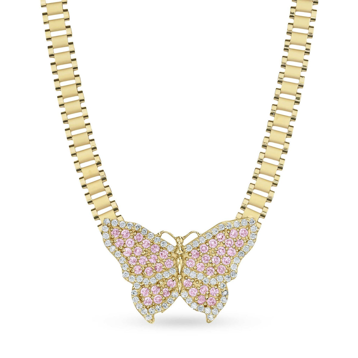 Gold butterfly pendant encrusted with pink and clear stones on a link chain.