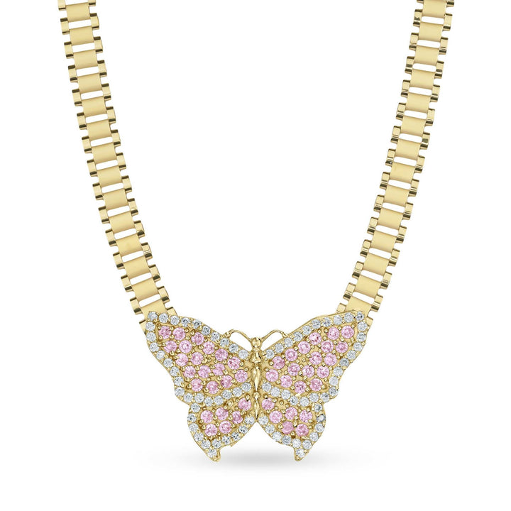 Gold butterfly pendant encrusted with pink and clear stones on a link chain.