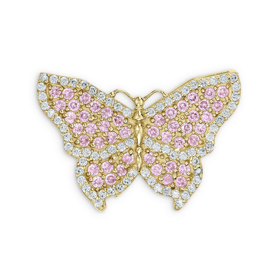 Yellow gold butterfly pendant encrusted with alternating pink and clear cubic zirconia stones.
