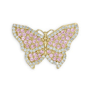 Gold butterfly pendant encrusted with sparkling pink and clear cubic zirconia stones.