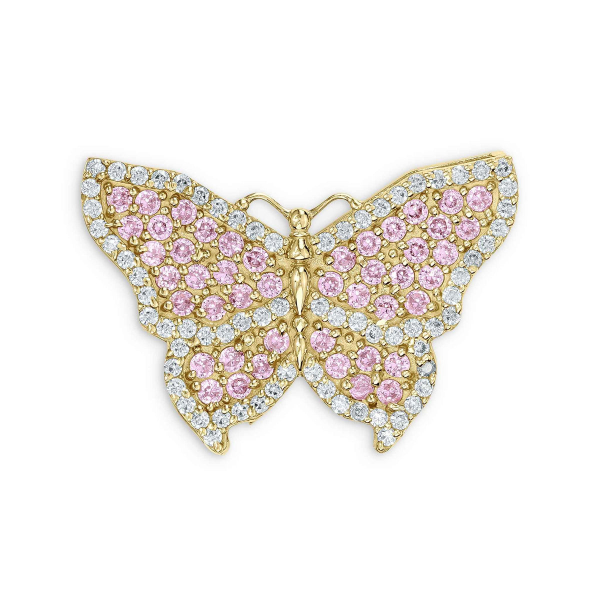 Gold butterfly pendant encrusted with sparkling pink and clear cubic zirconia stones.