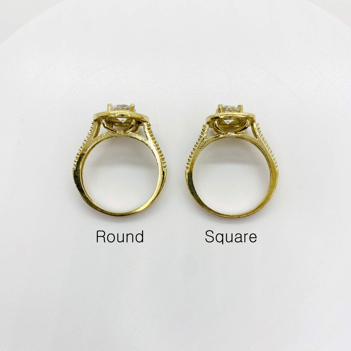 Two 10k gold rings labeled Round and Square on a white background