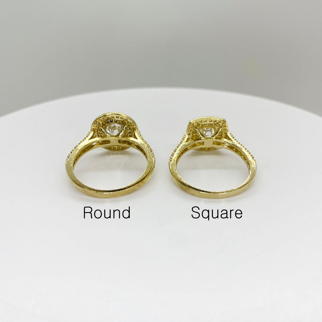 Two 10k gold rings labeled Round and Square back view on a white background