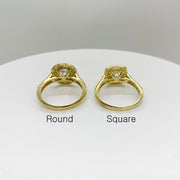 Two 10k gold rings labeled Round and Square back view on a white background