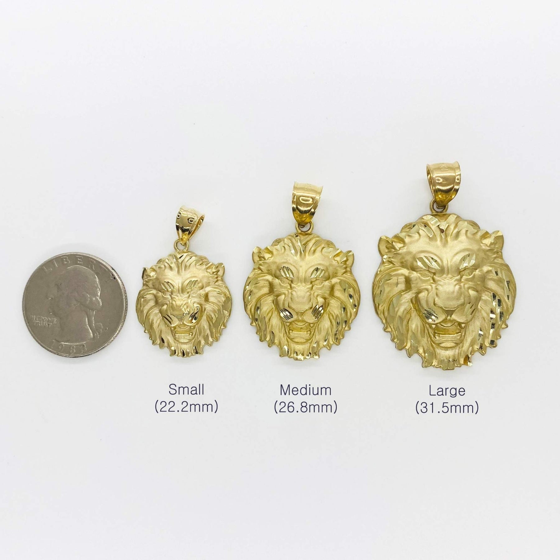 Size chart comparing small, medium, and large gold lion pendants to a US quarter.