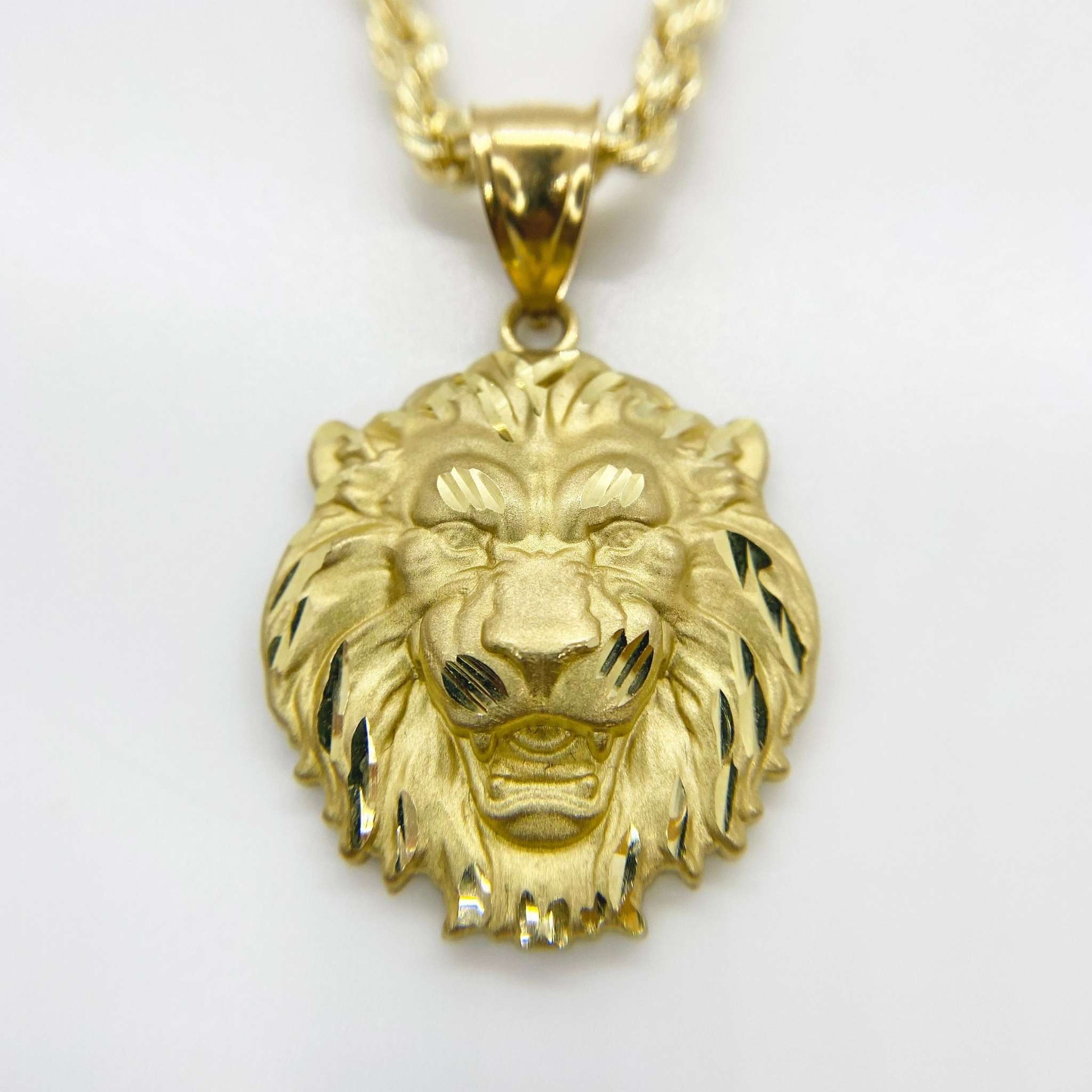 10k yellow gold matte lion head pendant on a rope chain against white background.