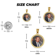 Size chart showing small, medium, and large round gold pendants with dimensions.