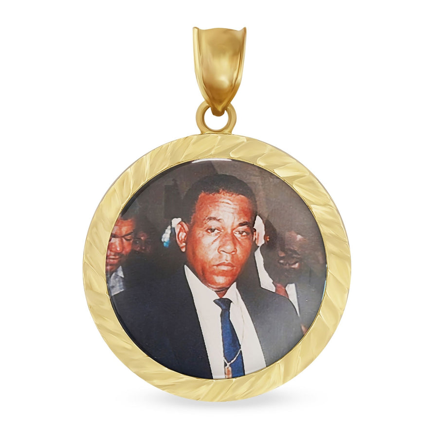 Custom round gold pendant holding a printed photograph of a man.