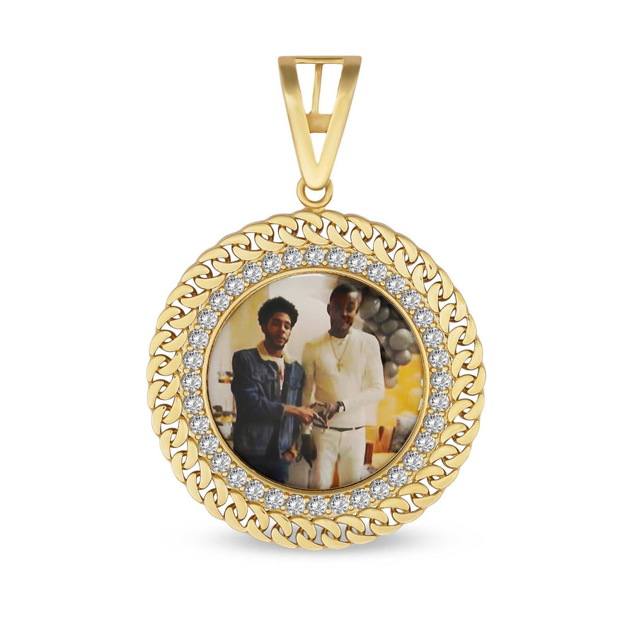 Round 10k gold memorial pendant featuring a custom photo, crystal halo, and curb-link border.