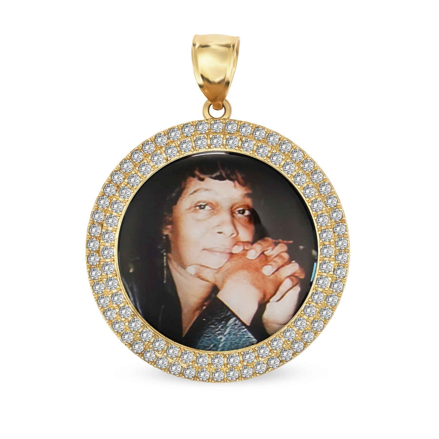 10k yellow gold round memorial picture pendant with cubic zirconia border and custom portrait insert.