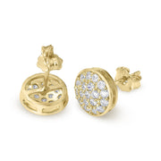 Pair of 10k gold cubic zirconia stud earrings, one showing front, one showing back.