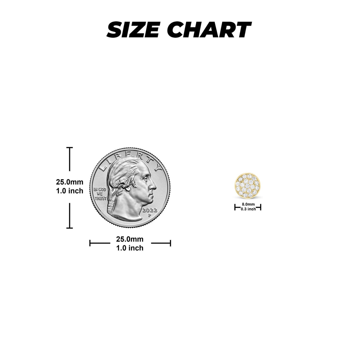 Size guide for round cubic zirconia earrings showing 8.0mm size compared to a coin.