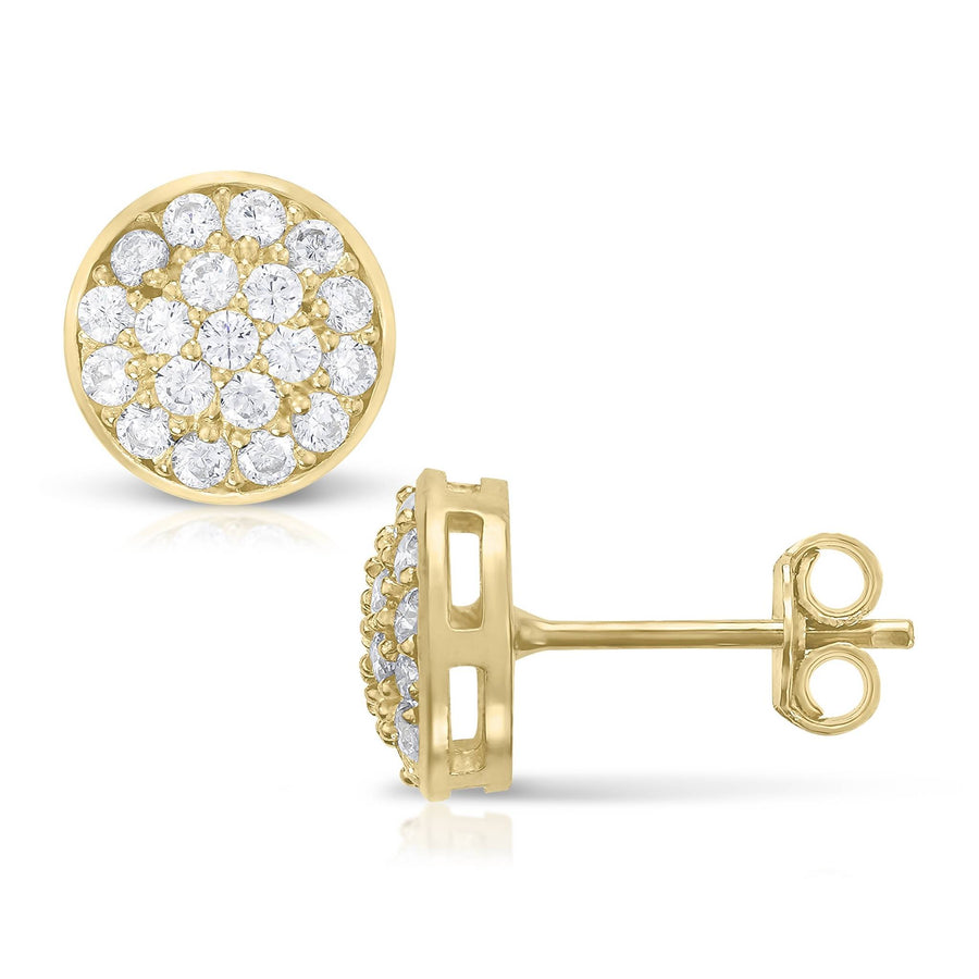Round 10k gold stud earrings with pavé-set cubic zirconia, front and side profile views.