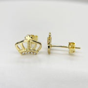 Front and side view of 10k gold crown-shaped stud earrings featuring sparkling cubic zirconia accents.