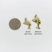 Size comparison showing Small and Medium gold Queen Nefertiti pendants next to a US quarter.