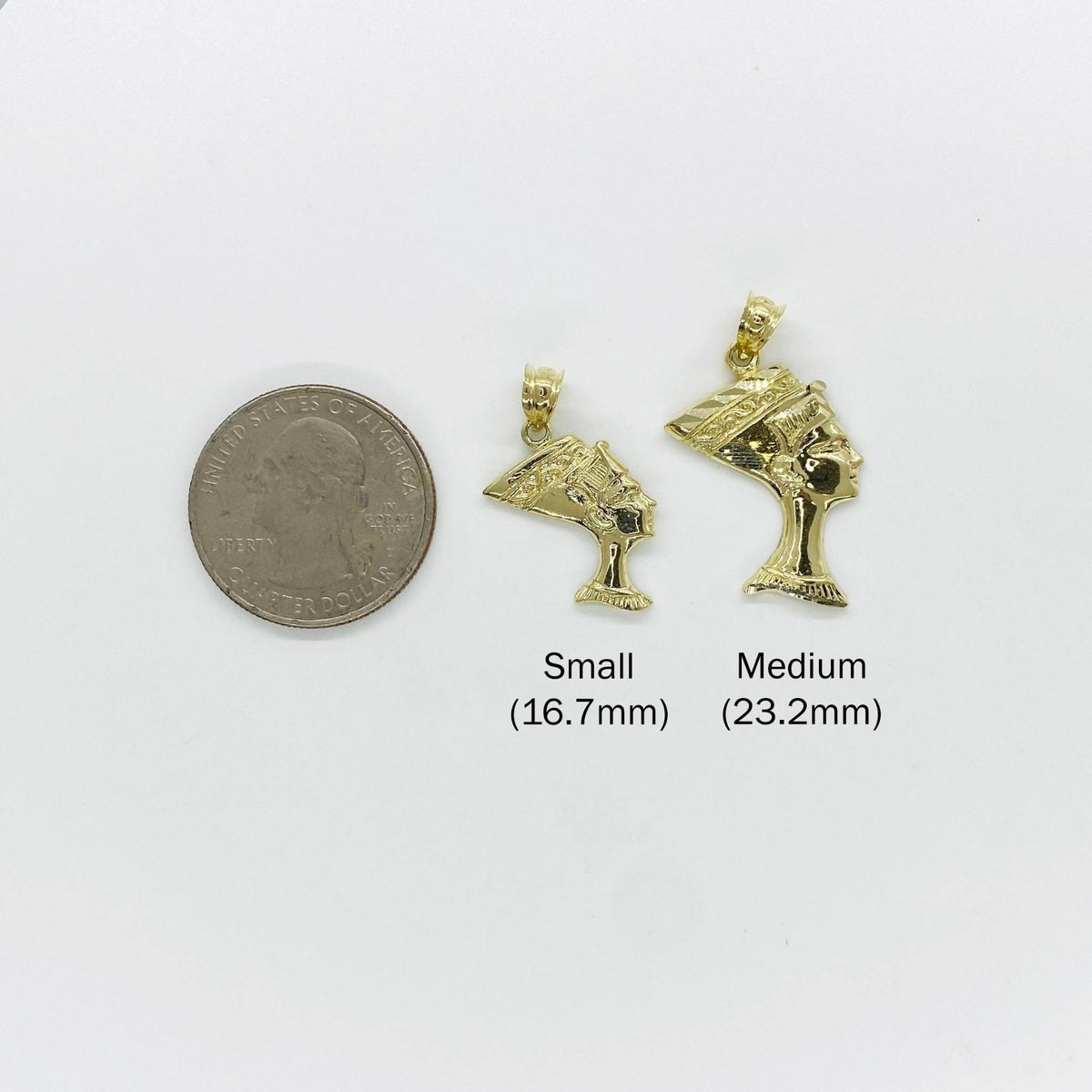 Size comparison showing Small and Medium gold Queen Nefertiti pendants next to a US quarter.