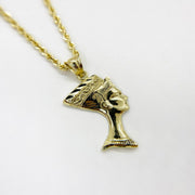 10k solid yellow gold mini Queen Nefertiti profile pendant charm on a gold rope chain.